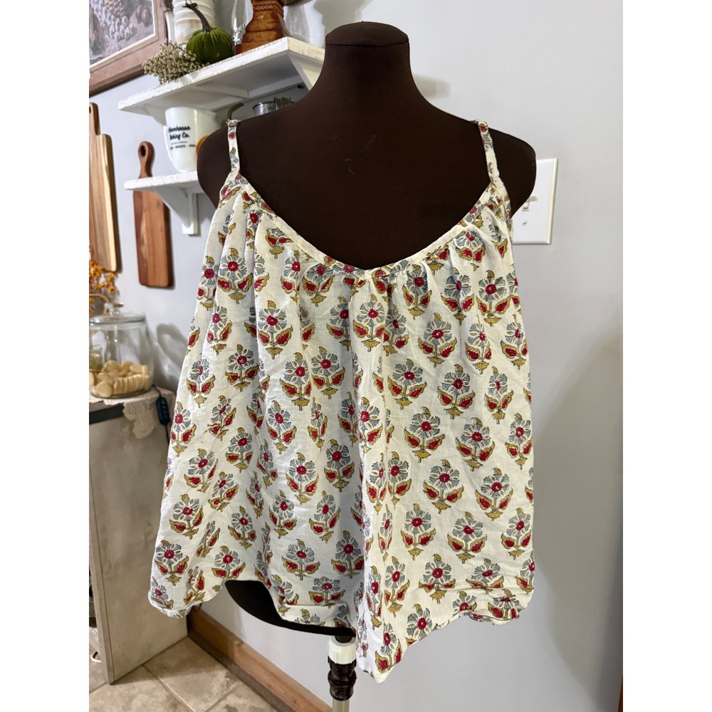 Faherty Floral Cami Top Large White Red Boho flowy Summer Tank cottagecore